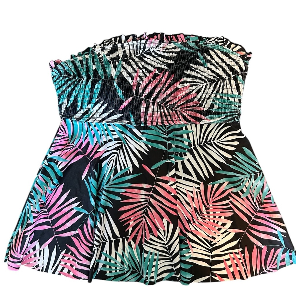 Tropical Leaf Print Strapless Swimsuit Top